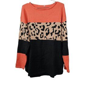 🔥Caroline New Couture Orange Leopard Print Scoop Neck Colorblock Sweater